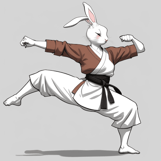 AI generated: sketch, no color, cartoon, line art, 2D, rabbit woman, monk, martial arts kick