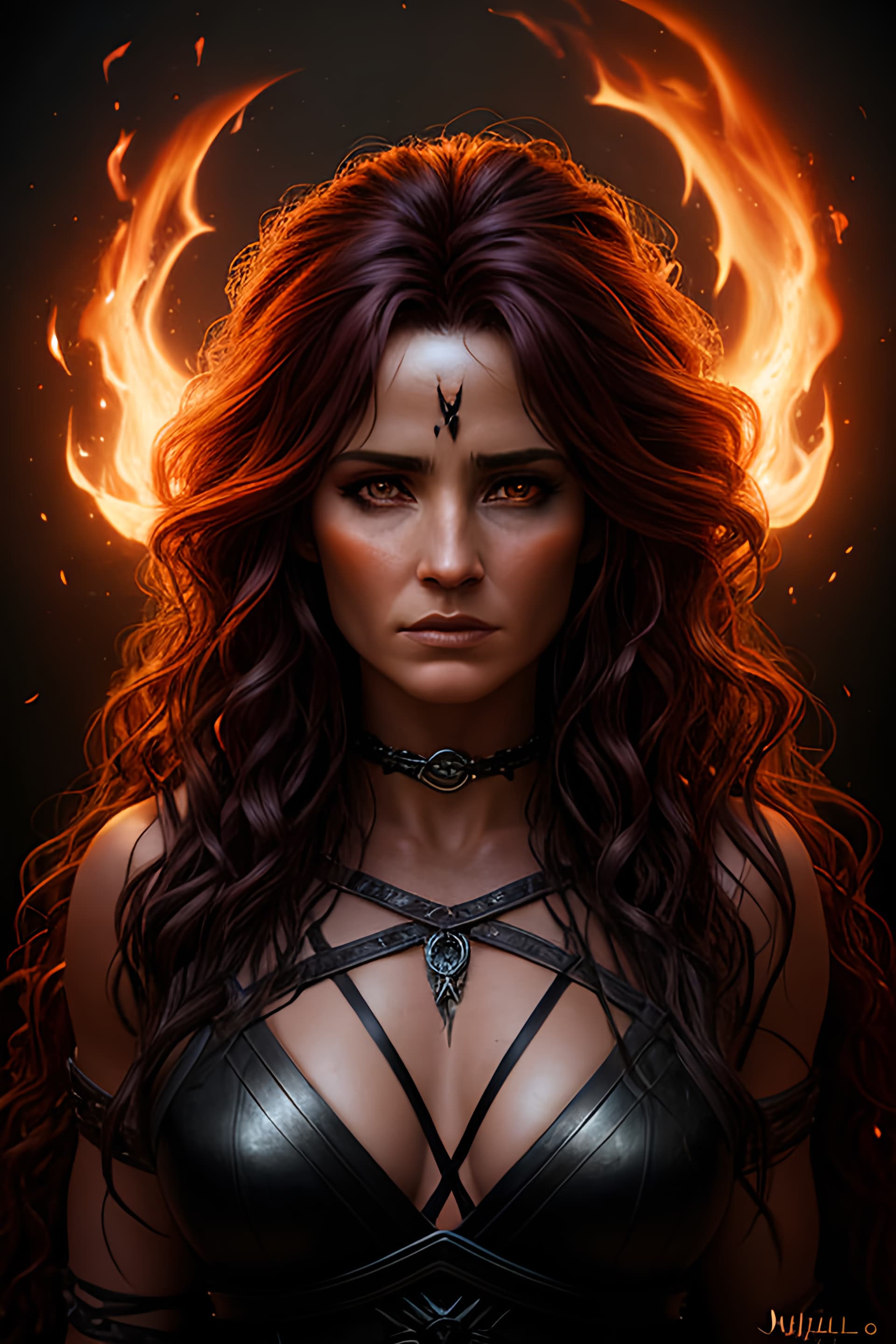 AI generated: A  portrait of witch with flames that surrounds her from within, with a powerful and intense emotion...