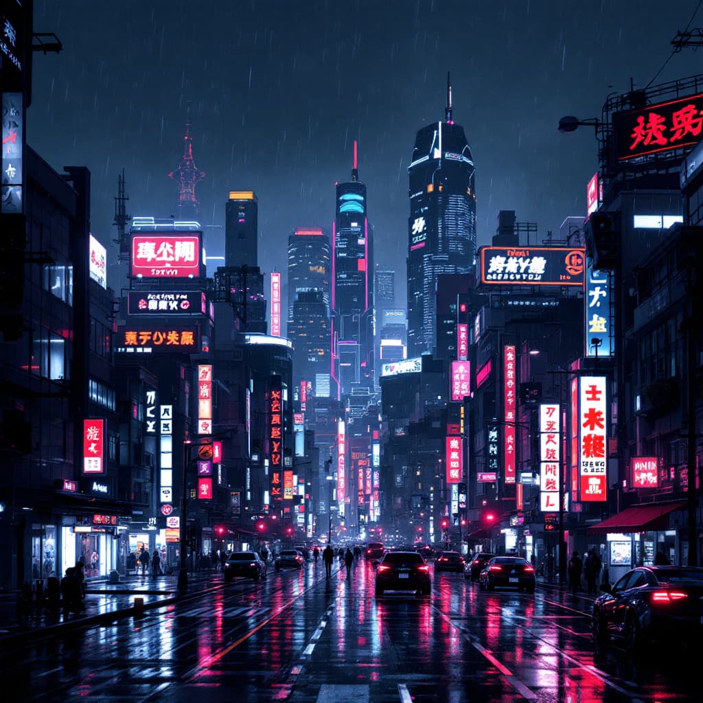AI generated: Neo-Tokyo skyline at night, ultra-modern cyberpunk architecture, rain-soaked streets, glowing neon l...