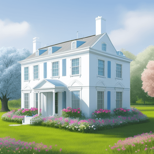 AI generated: Create a drawing of a white house with blue windows with flowers in the window, in a flowery field.

