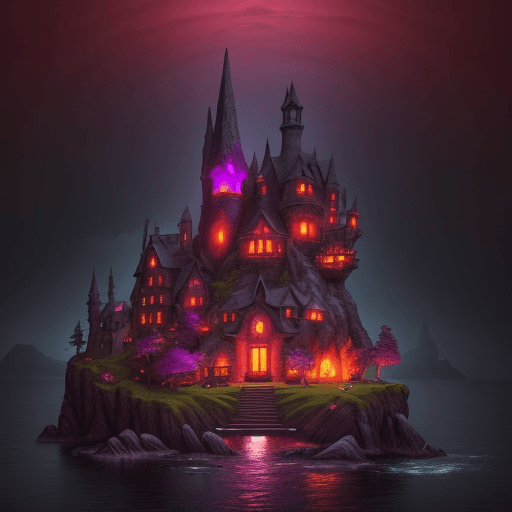 AI generated: The image depicts a striking fantasy scene, rich in vibrant reds and purples, creating a surreal and...