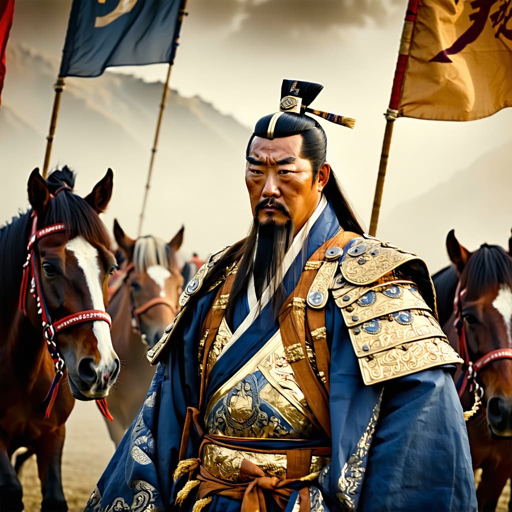 AI generated: Chinggis Khan, depicted in traditional Mongolian attire with ornate golden armor and intricate nomad...