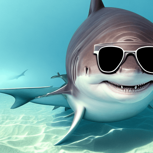 AI generated: The letters B E N on the side of a shark wearing sunglasses