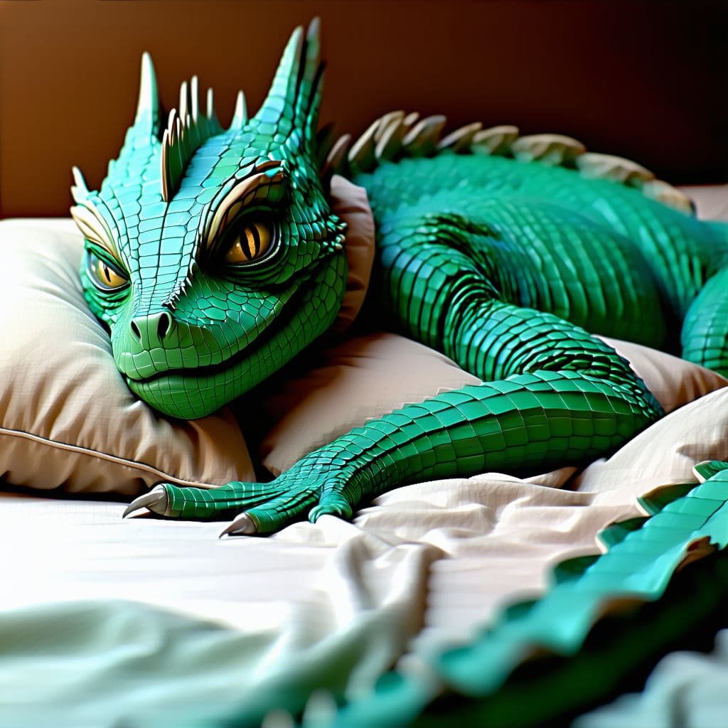 AI generated: Generates an image of a basilisk sleeping in a bed with a grimace of longing and a grimace of goodne...