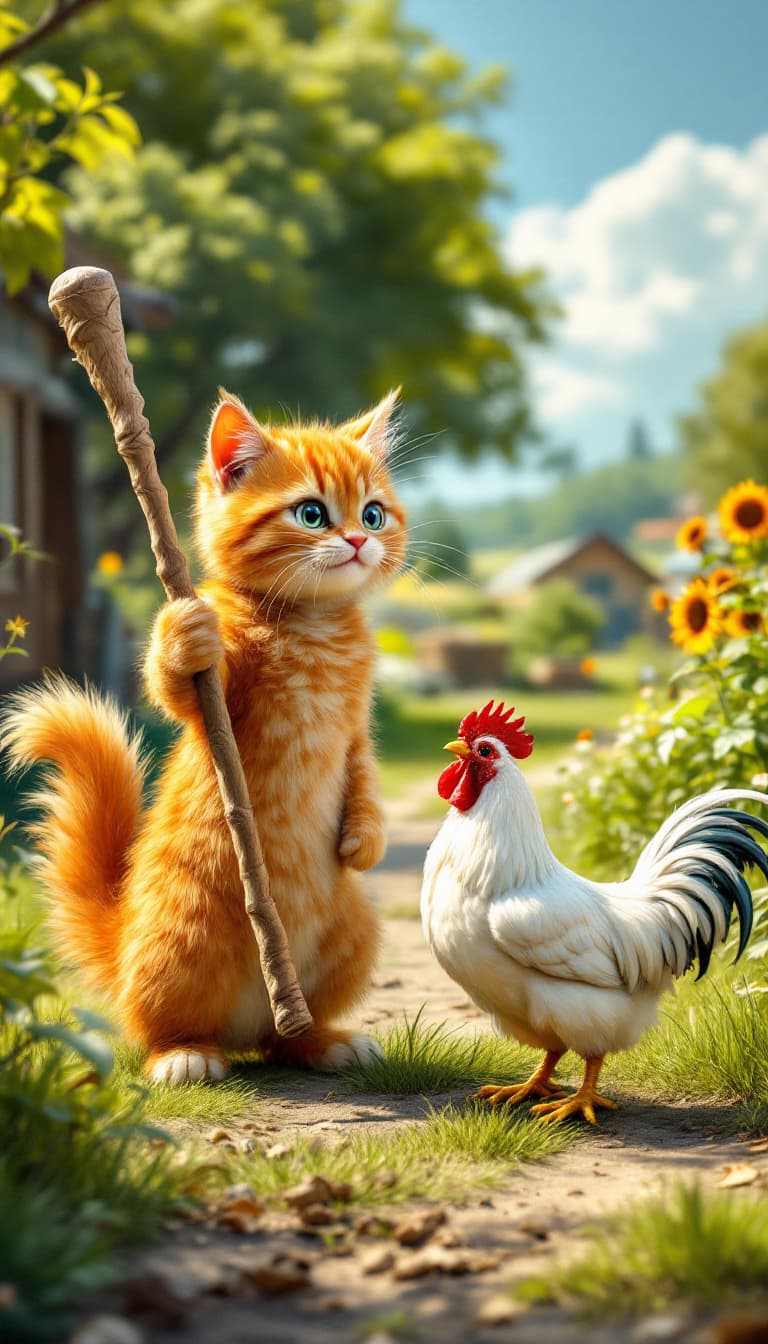 AI generated: A whimsical scene in the sunny countryside with an orange tabby cat and a rooster. The orange tabby ...