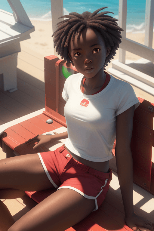 AI generated: (African girl as a lifeguard, sitting in the sun, lifeguard tower, plain white shirt, red shorts), 8...