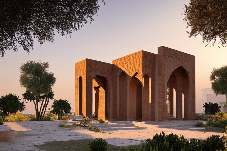 AI generated: Persian architecture style villa, brick, sunrise, stained glass window, desert environment, small vi...