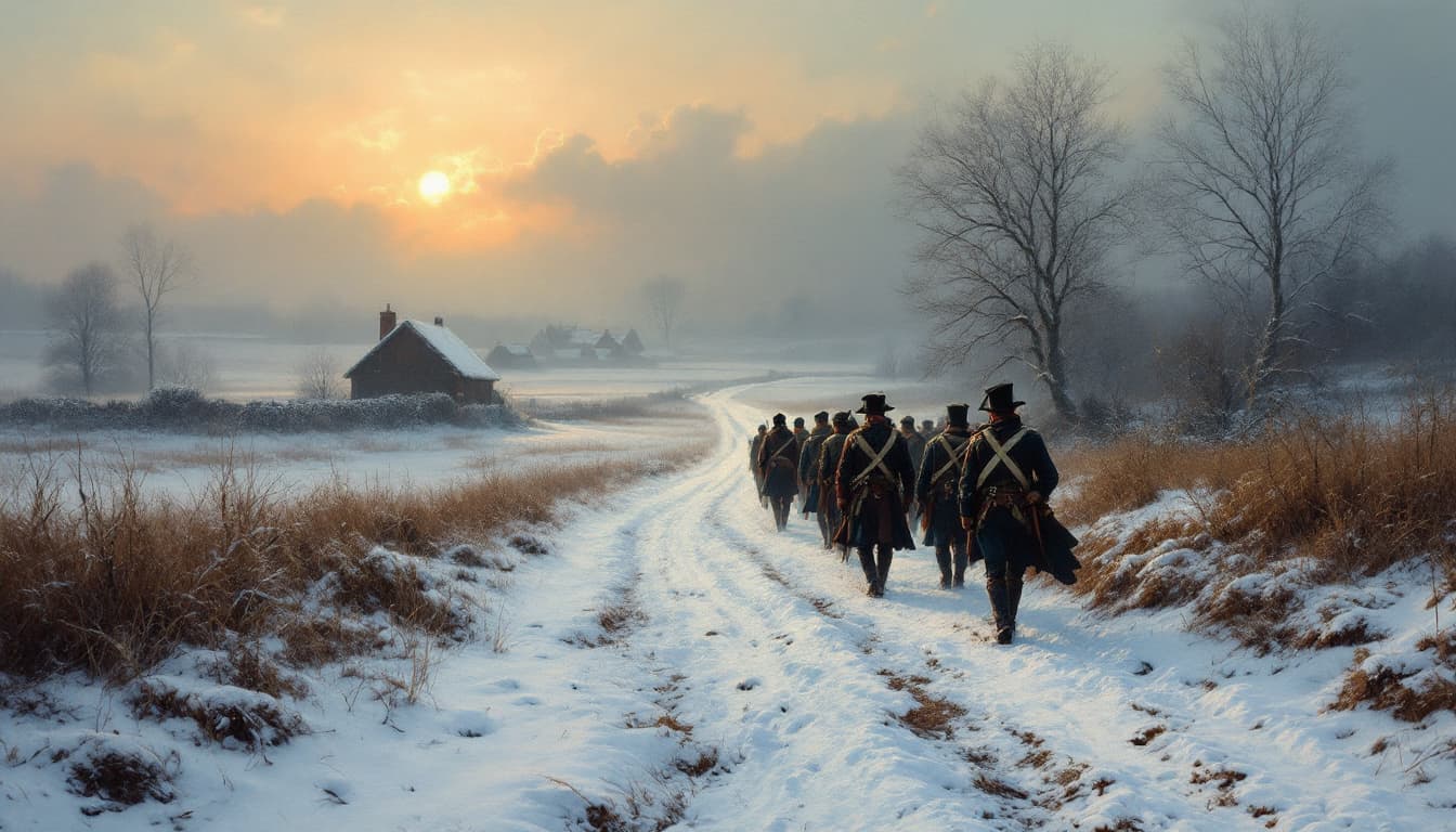 AI generated: rural winter scene, snow, (800 yards away) a small group of weary Napoleonic foot soldiers trudge al...