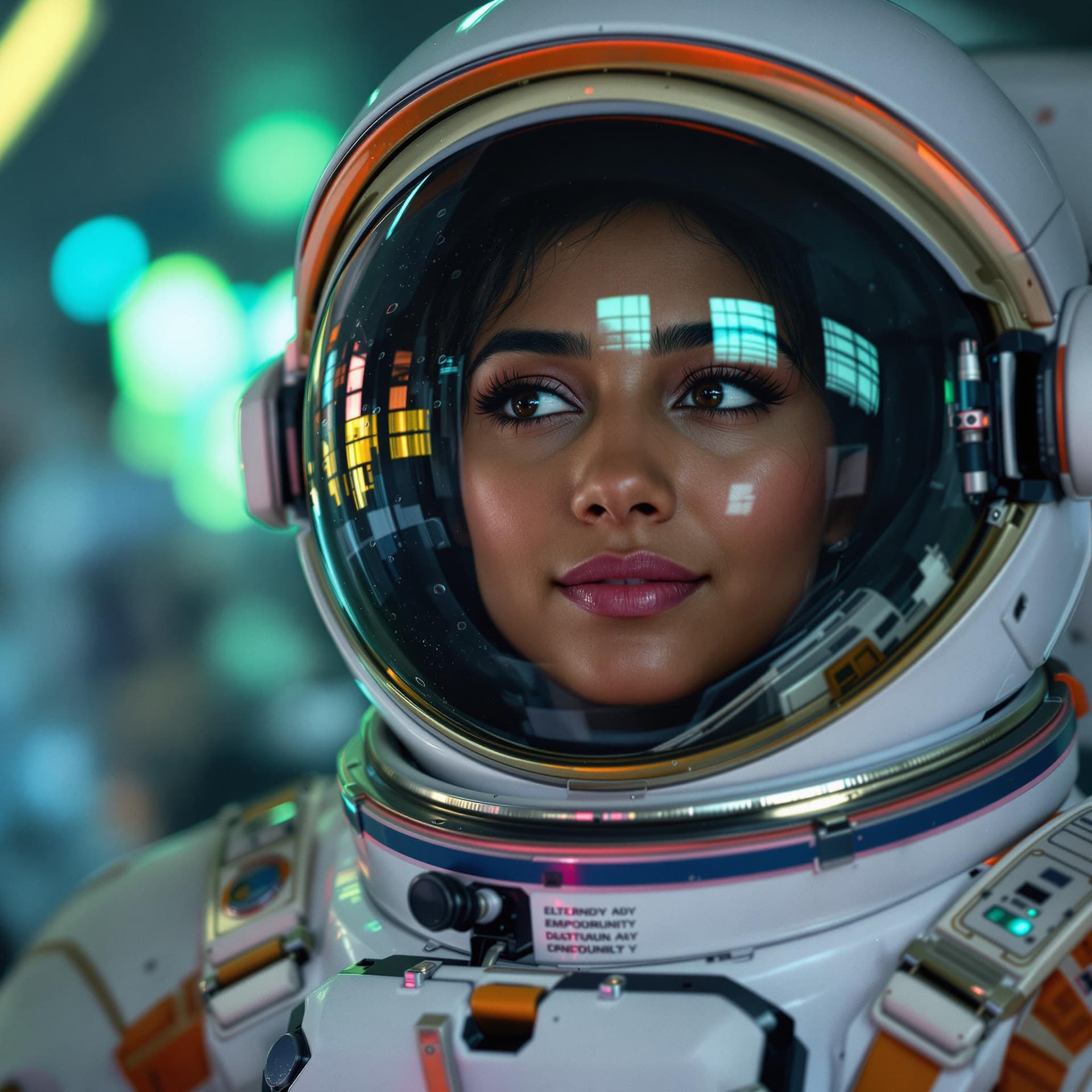 AI generated: The image prominently features a close-up of an Indian lady dressed in a detailed astronaut suit wit...