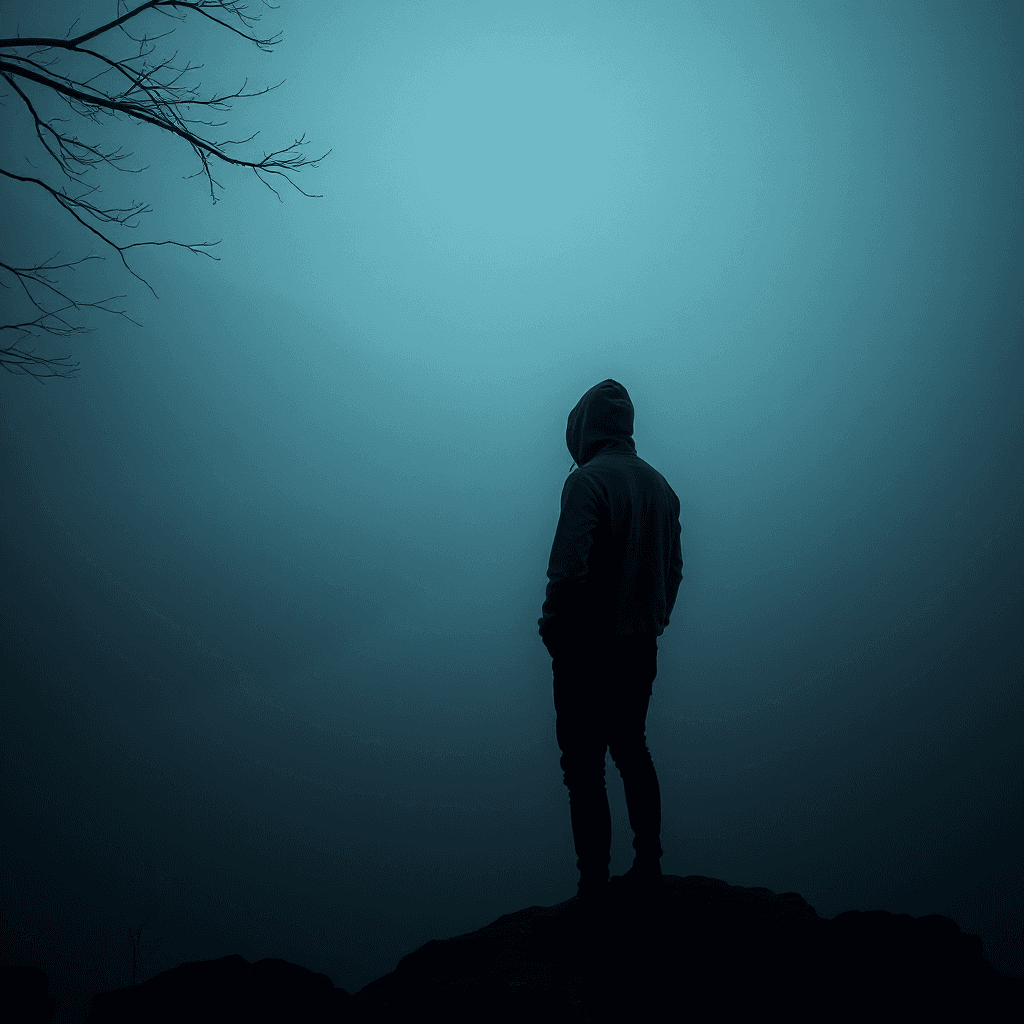 AI generated: "Create a moody, atmospheric image of a lone figure standing at the edge of a misty lake on a foggy ...