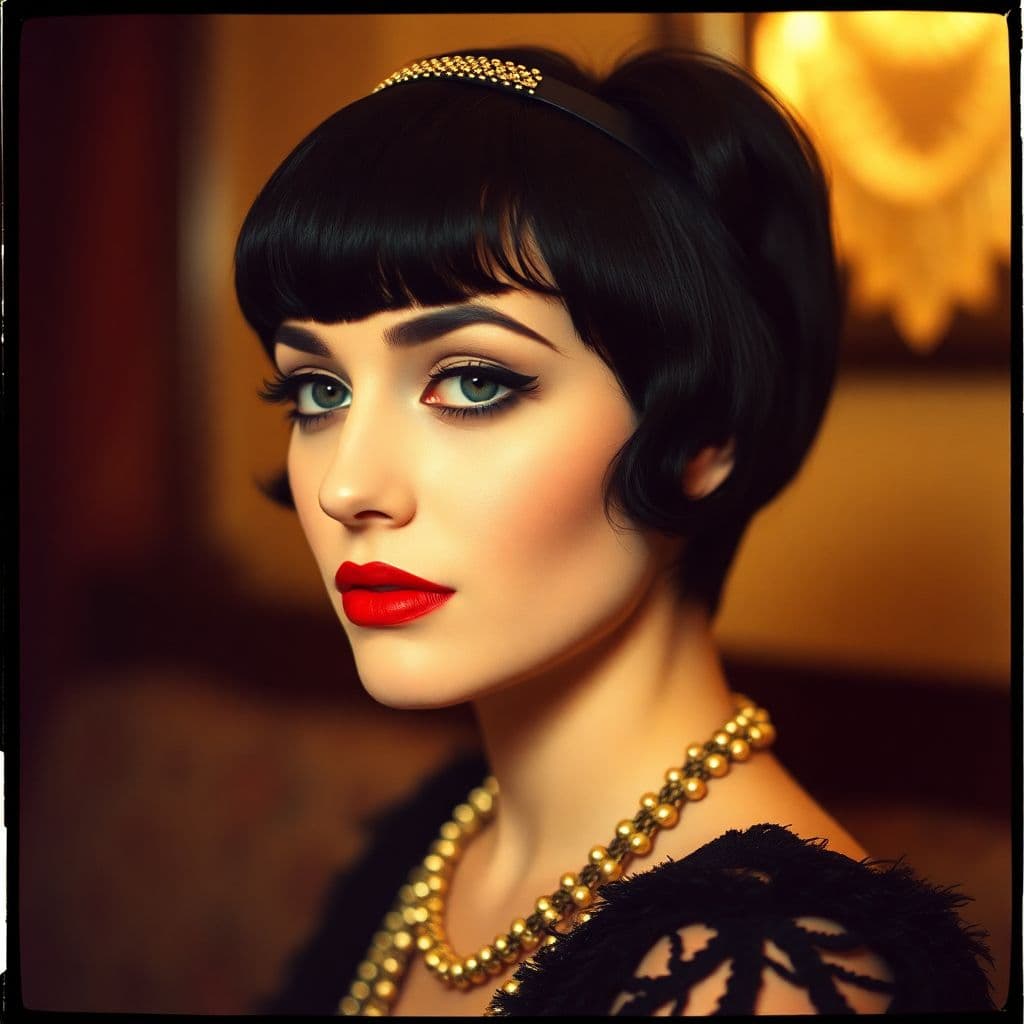 AI generated: analog color film photograph of a 1920s flapper girl, luxurious, opulence, short black hair, red lip...