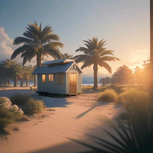AI generated: Photo of a ultra realistic oasis, sunlight, pale sunrise, tiny house cinematic lighting, battered, l...