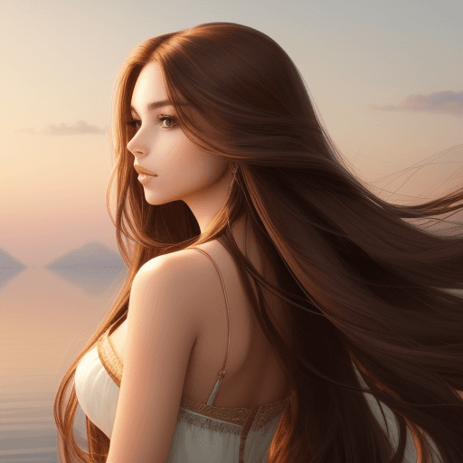 AI generated: gorgeous woman, extremely long brown hair, serene beautiful background