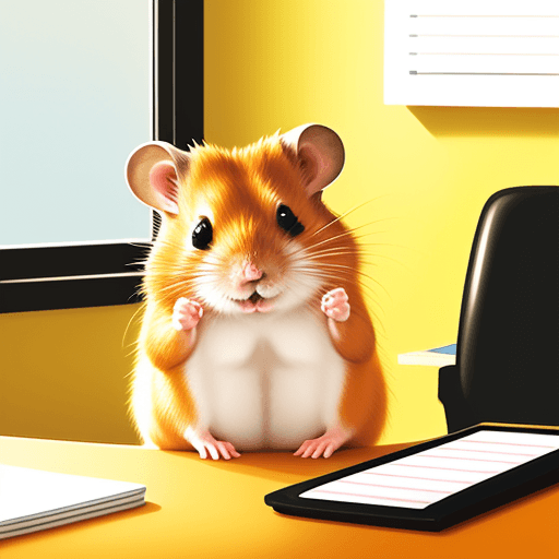 AI generated: ginger hamster waving. hamster is sitting at an office desk, behind a computer screen waving at the ...