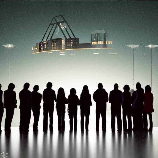 AI generated: photograph of 10 adults young and old, men and womens,  standing on a hospital roof, silhouetted by ...