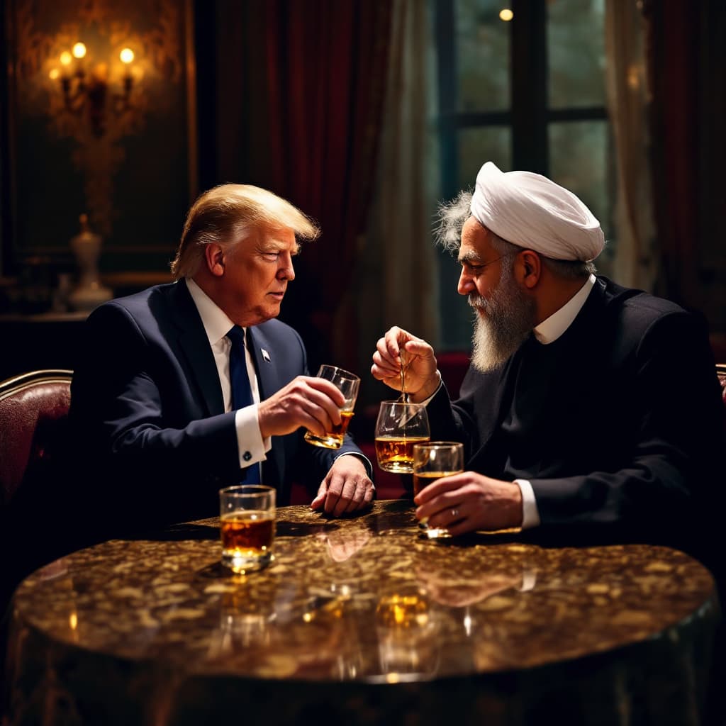 AI generated: Donald Trump drinking whiskey with the leader of the Islamic Republic of Iran in a cafe in Tehran