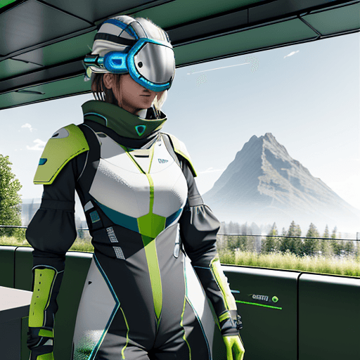 AI generated: Photo of a ultra realistic future green space outfit, die buchstaben ESS auf dem aunzug sichtbar, fa...