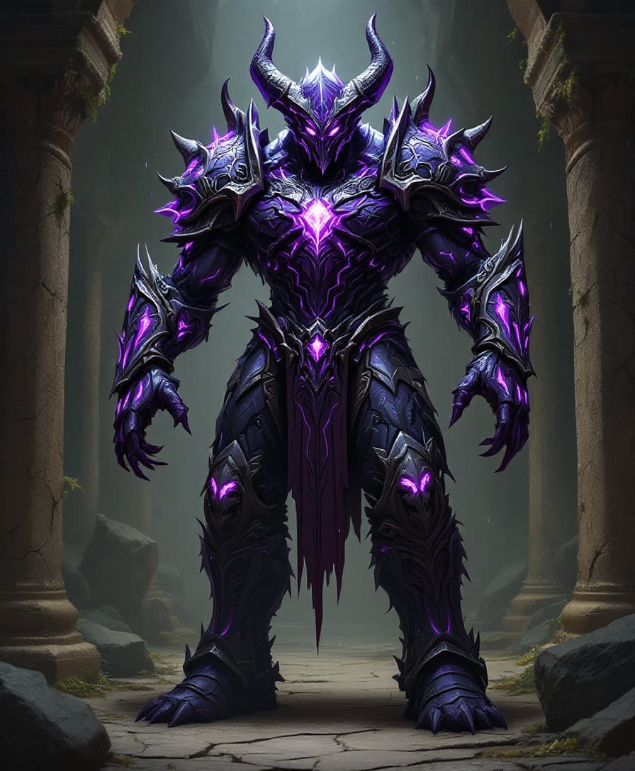 AI generated: A powerful demon standing within an ancient crypt, wearing an intricate purple armor with glowing pu...