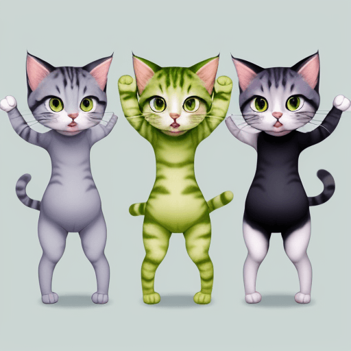 AI generated: three little cats with cute faces in cartoon style playing full body