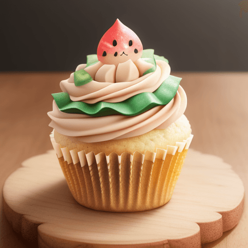 AI generated: a hami mlon cupcake have  chip hami melon on it,
on a   wooden table,