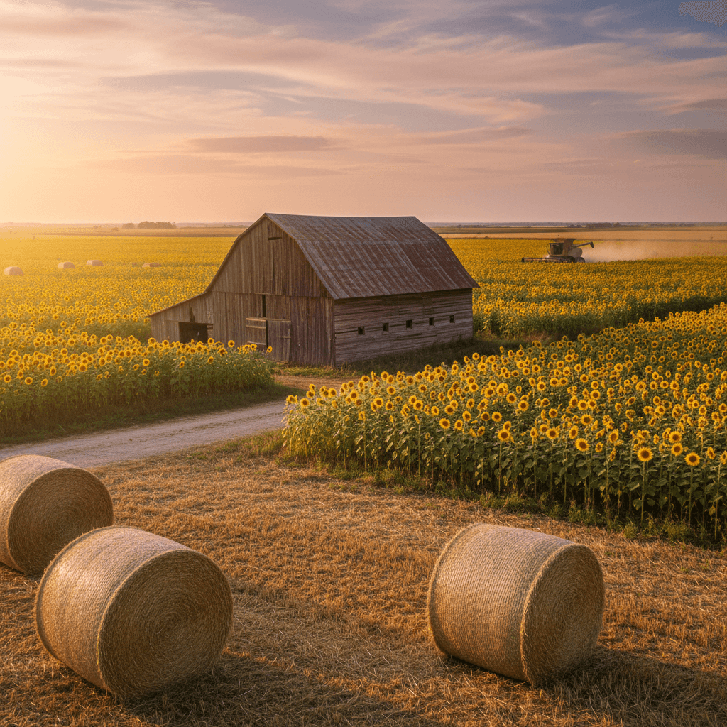 AI generated: "A rustic Oklahoma barn surrounded by sunflowers and hay bales during harvest season."
