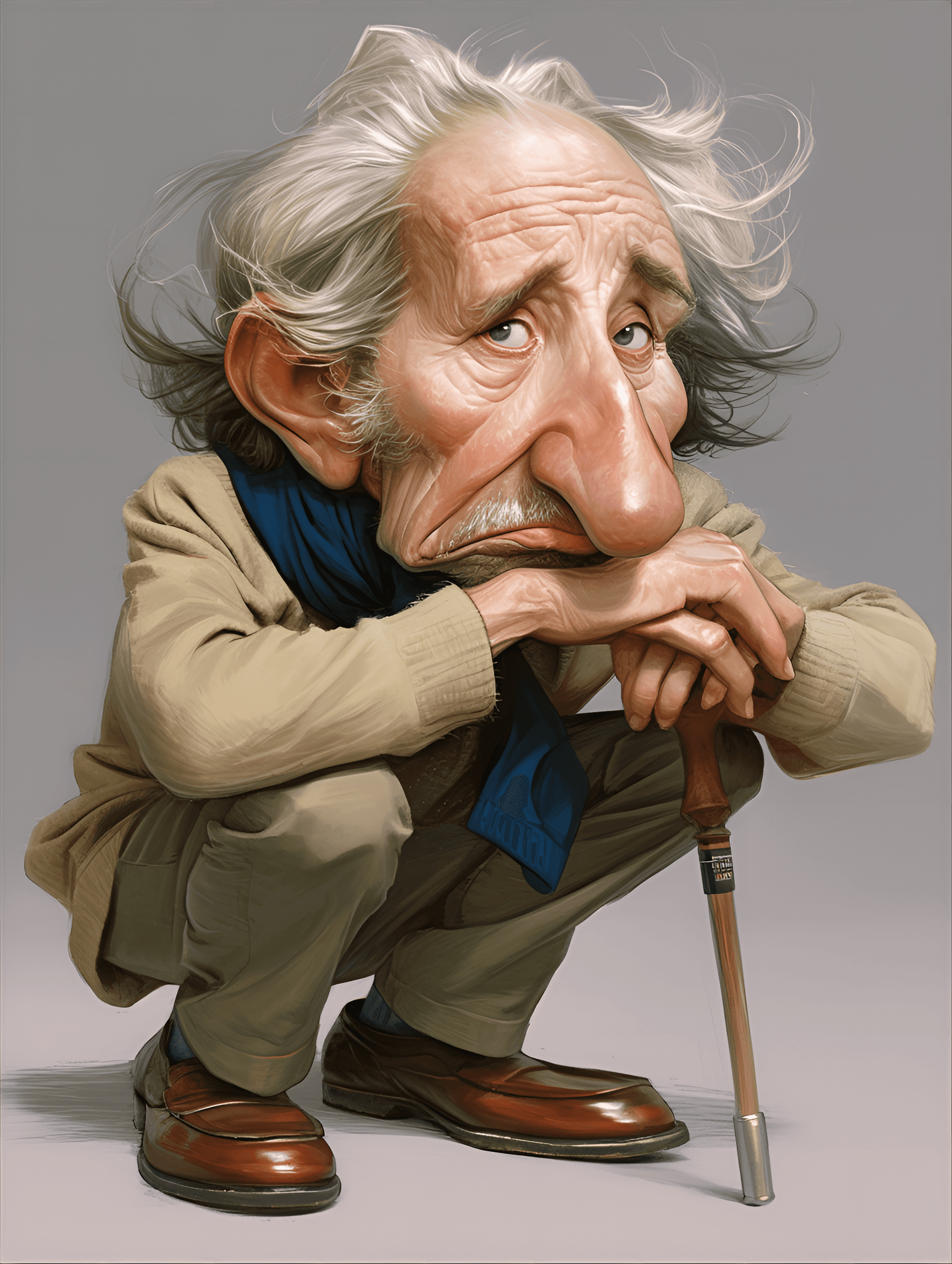 AI generated: funny caricature, old man cmale, 75 years old, silver hair, deep wrinkles, piercing gaze, big cartoo...