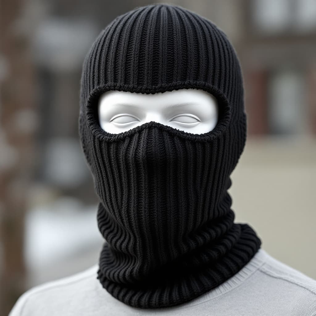 AI generated: black ribbed knit baklava skimask with two holes for the eyes, one whole for the mouth