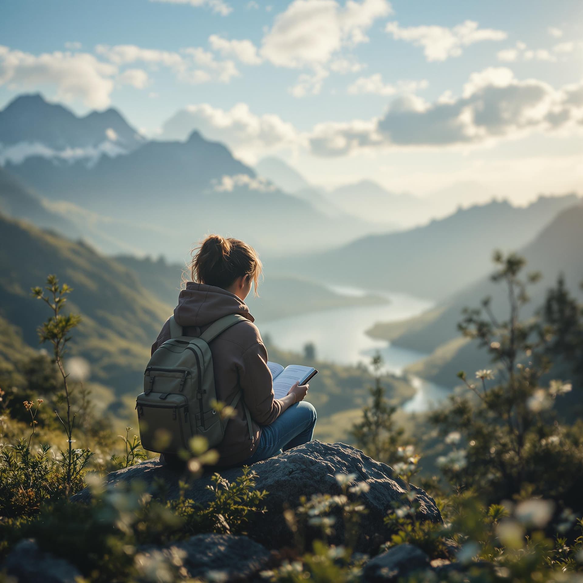 AI generated: Journaling tools or a calm person reflecting in nature dslr, ultra quality, sharp focus, tack sharp,...