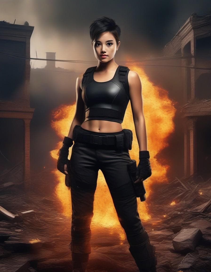 AI generated: (photo of Brianna Hildebrand:1.5) (messy short black hair with shaved head:1.3), (torn shredded X-Me...