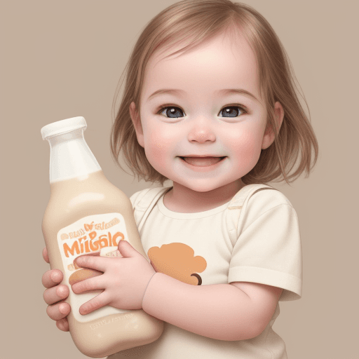AI generated: A high-quality, warm-toned image of a smiling baby holding a baby milk bottle. The baby should look ...