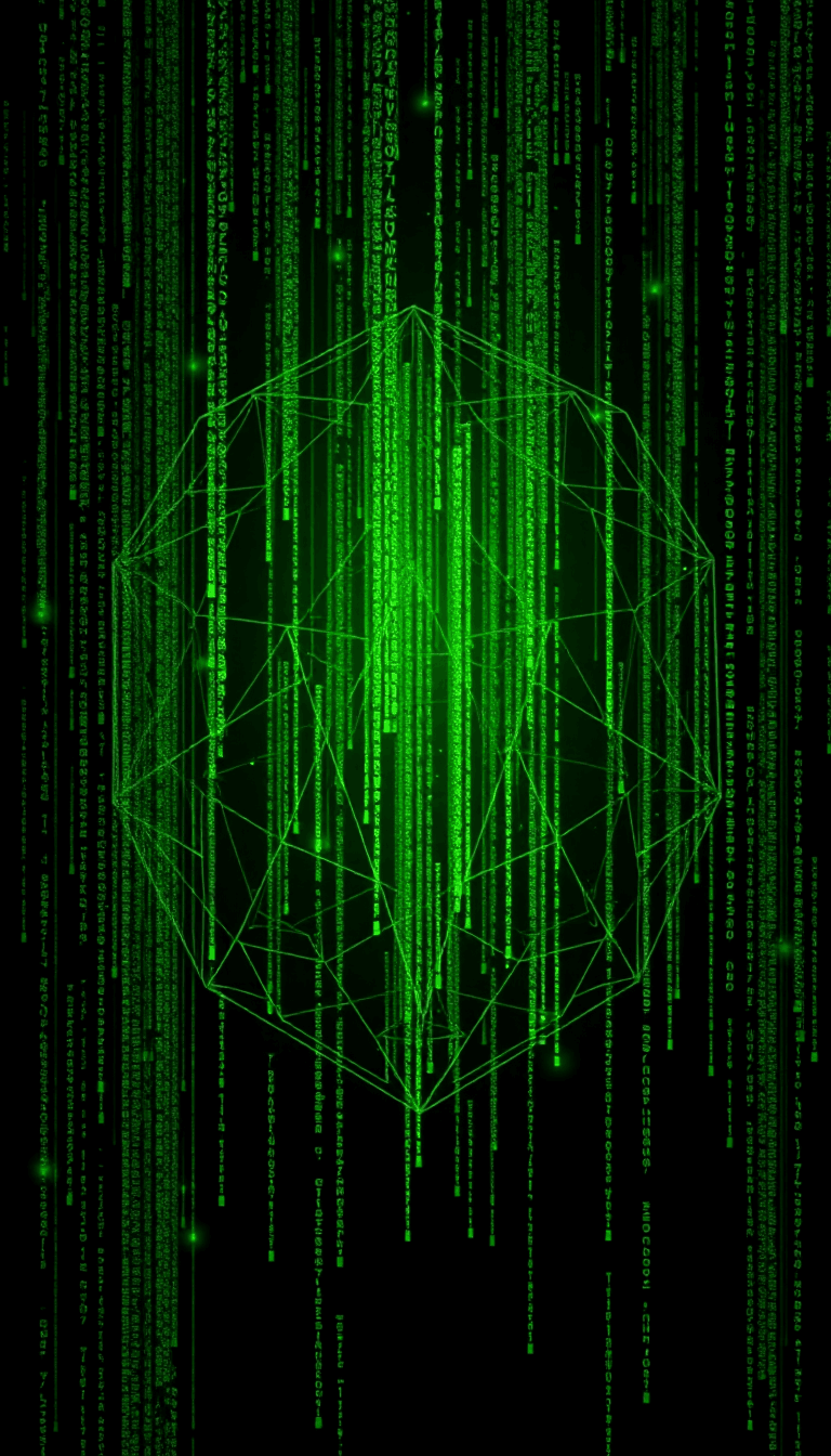 AI generated: A digital representation of cascading green code, reminiscent of the Matrix, overlaid with intricate...
