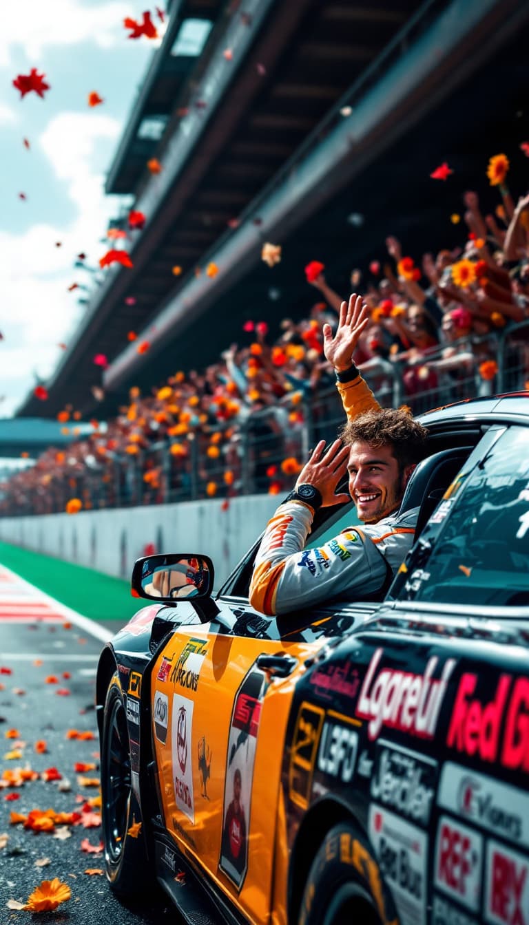 AI generated:  On the race track, on the Walk of Fame, a car with the logos of its club on the sides stops.  Fans ...