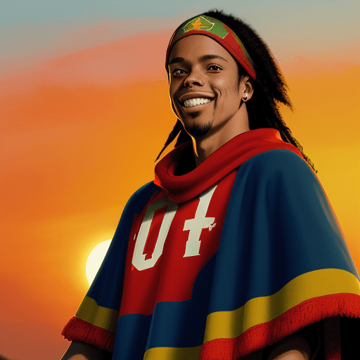 AI generated: Brazilian soccer star Ronaldinho, western setting, red poncho, cape, setting sun in background, smil...