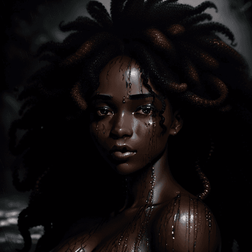 AI generated: An exquisite portrait of an African woman with fair skin and a realistic curly hair bathing in the p...