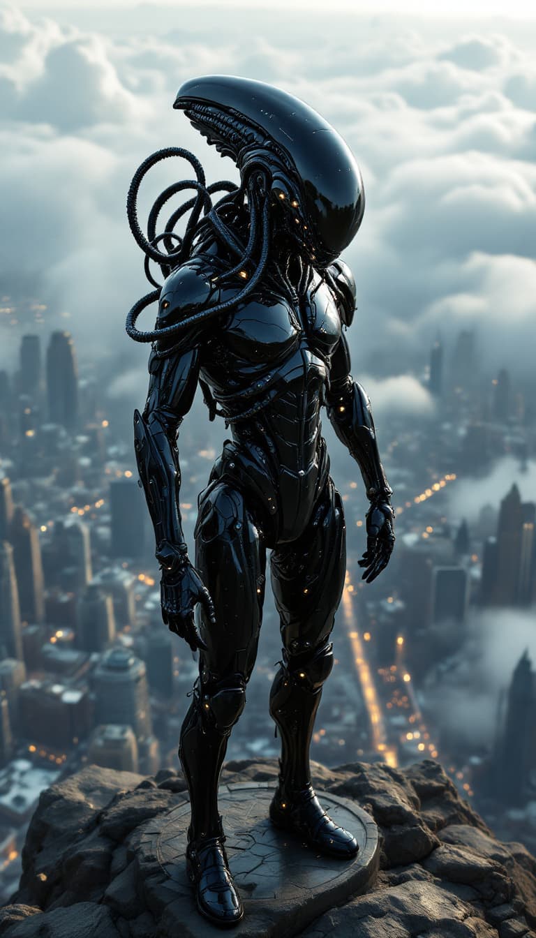 AI generated: full body wide shot, a alien android with shiny black body armor and metal tentacles, who stands mil...