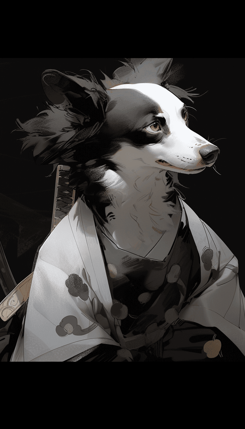 AI generated: animal, anthropomorphic dog, white and black dog, border collie wearing white and black gothic embro...