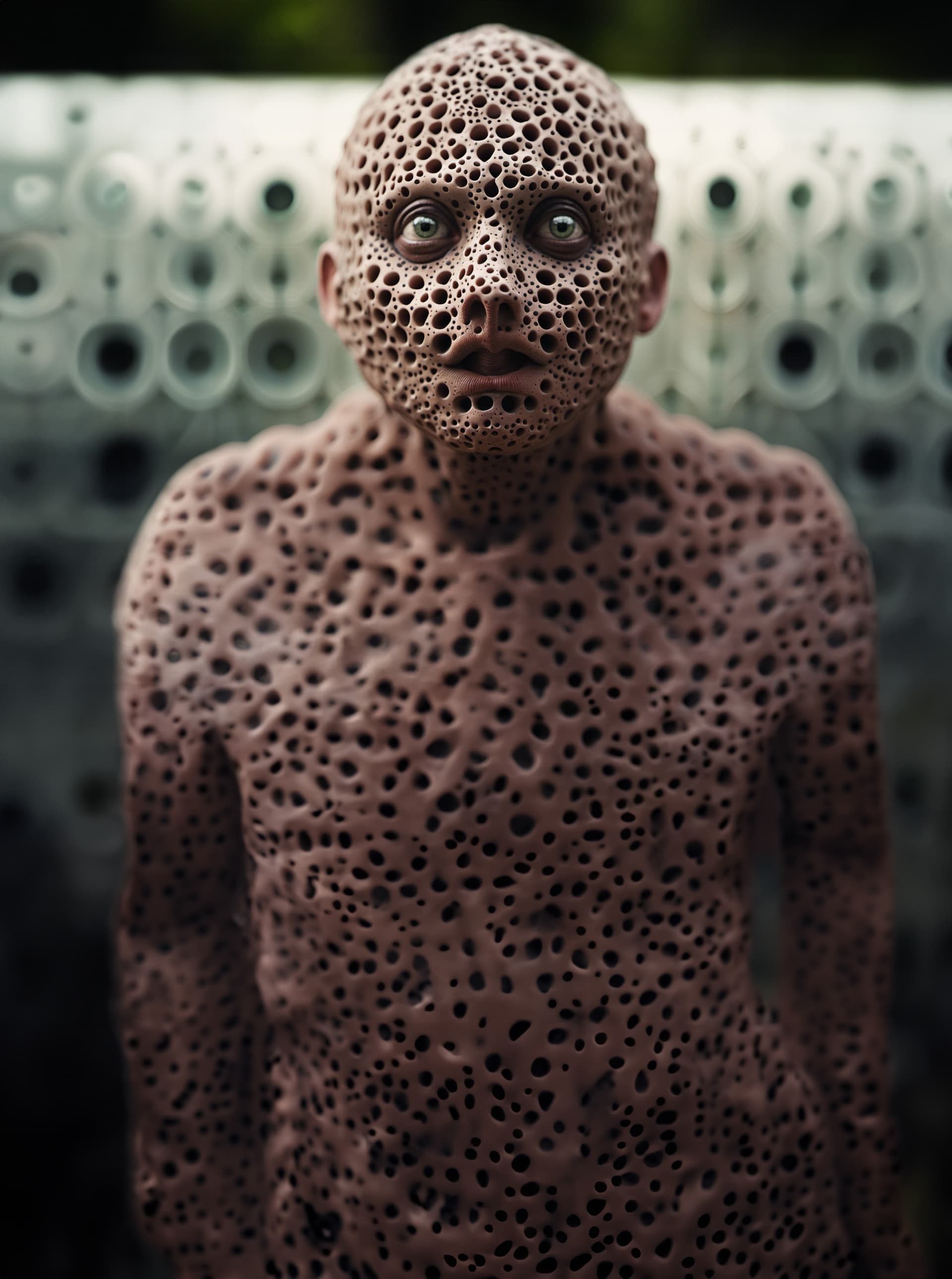AI generated: Trypophobia, countless small holes, human shape, not human, object never seen by anyone, nightmare, ...