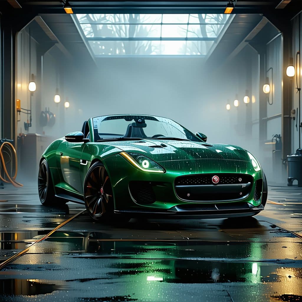 AI generated: General outline of a latest model British racing green convertible jaguar 
ftype  in steampunk style...