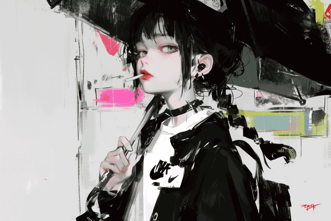 AI generated: 
Wednesday adams wearing Nike T-shirt, a twisted braid on two sides, holding an black umbrella, sta...
