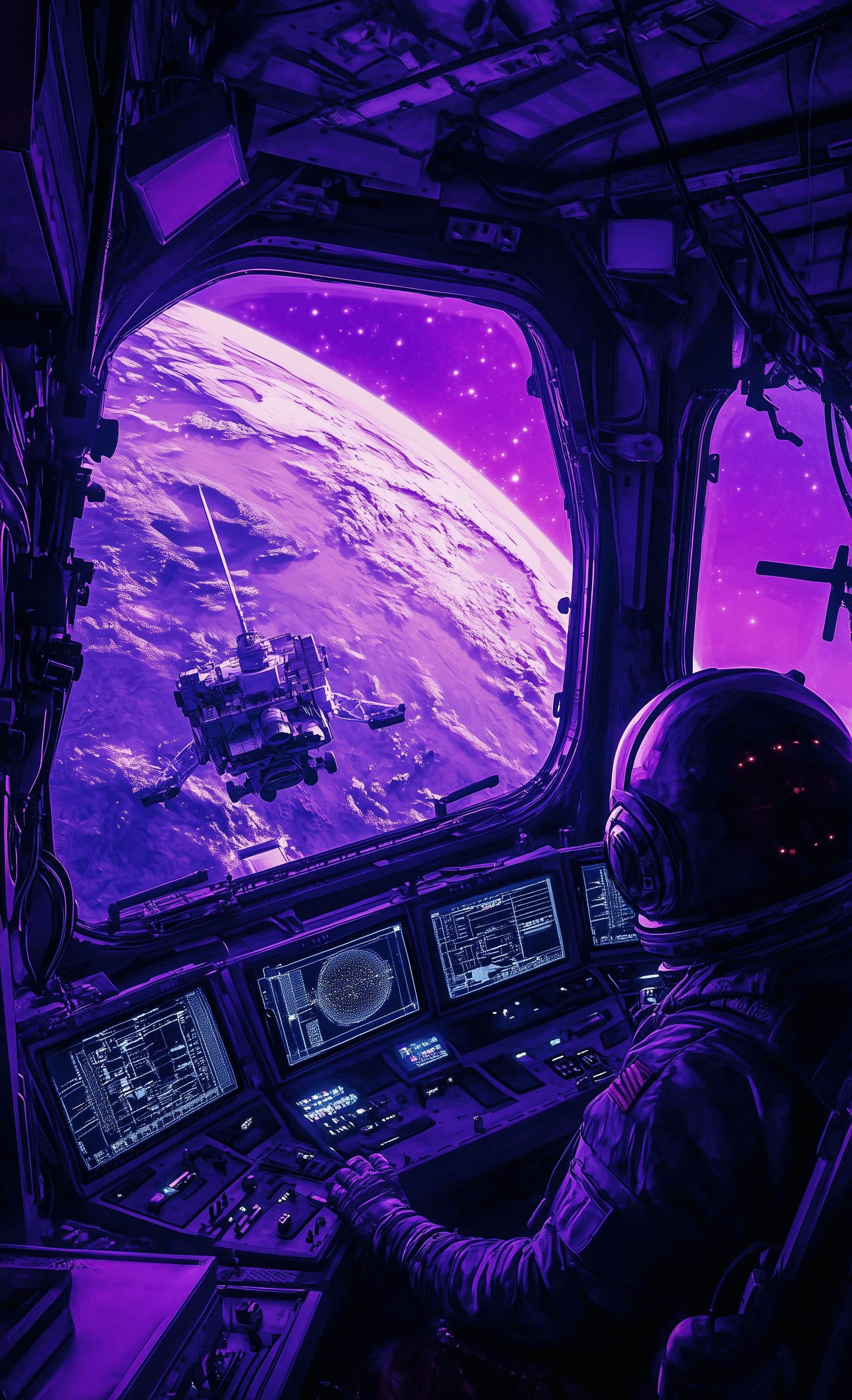 AI generated: A purple sky, viewed from inside a space station with astronauts in the control room controlling the...