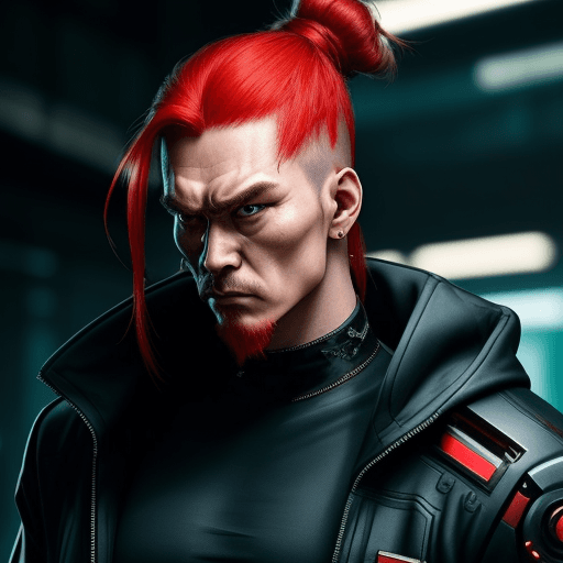 AI generated: Cyberpunk, red hair man bun, Chinesse, middle aged, serious look, muscular