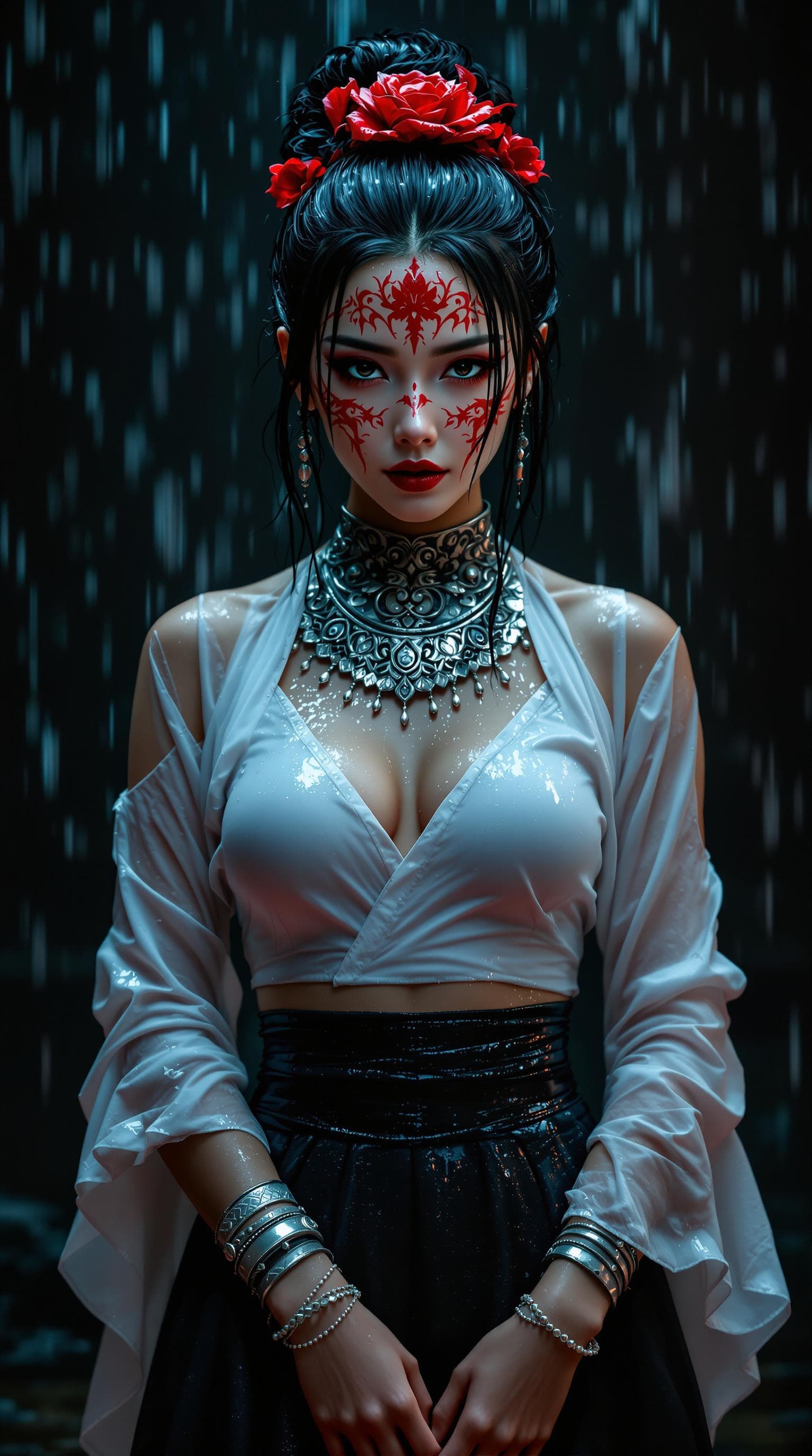 AI generated: Full body view of a young beautiful Asian woman, in her twenties, with elaborate makeup and a red ma...