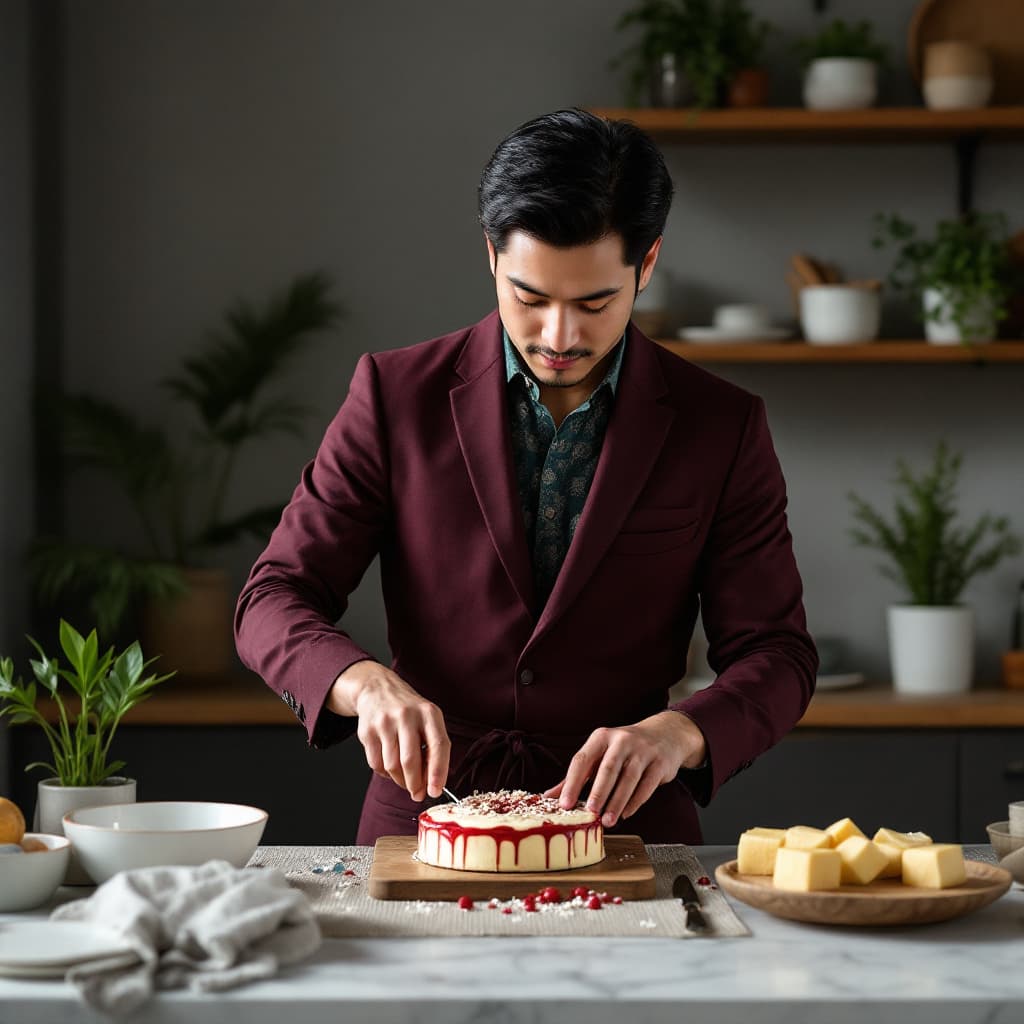 AI generated: asian man wearing a plain burgundy suit, no tie and an dark green peasley shirt wearing an apron and...