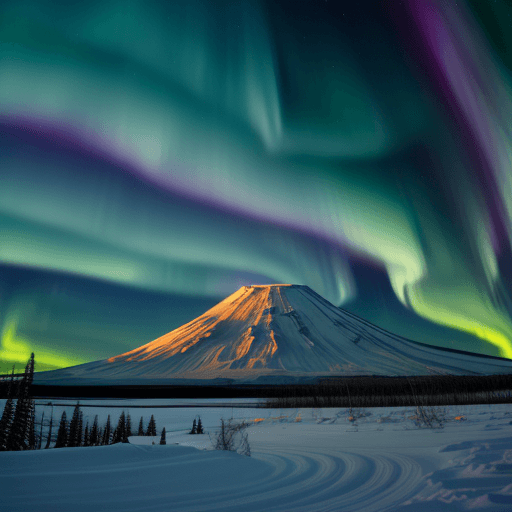 AI generated: Aurora Borealis, Northern Lights Art, snow capped volcano landscape,  glowing radioactively moonligh...