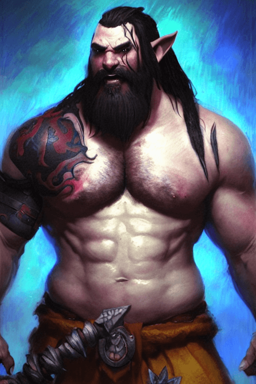 AI generated: tattooed, muscled sweaty shirtless half - orc barbarian champion with a full dark beard, visibly thi...