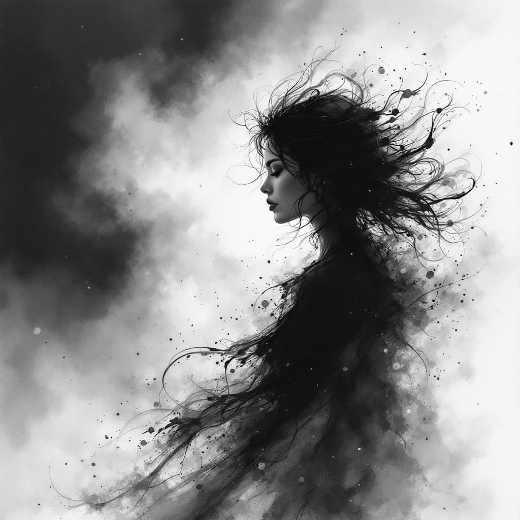 AI generated: A solitary mulher portrayed as a Twilight Ink Reverie, where delicate ink washes and bold brushstrok...