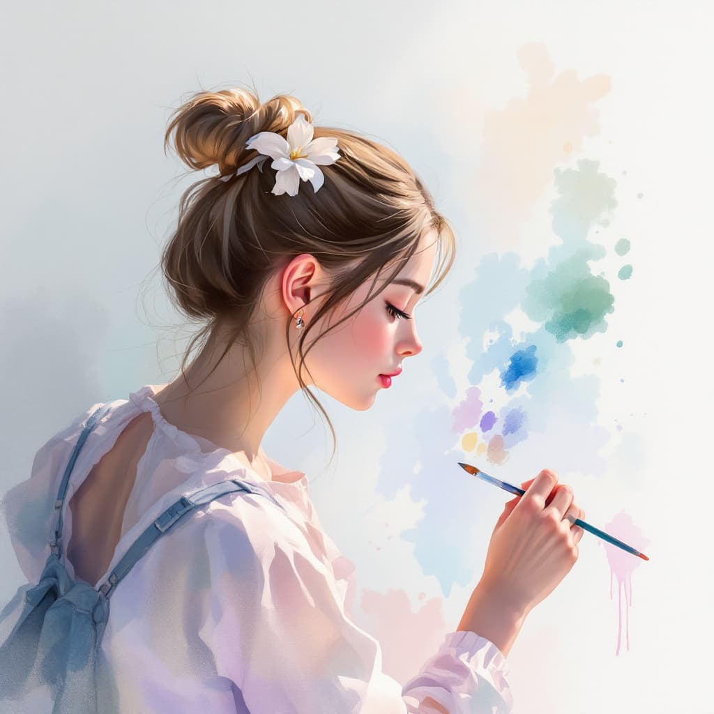 AI generated: Create a delicate watercolor painting of a girl painting on an ipad using procreate, soft pastel col...
