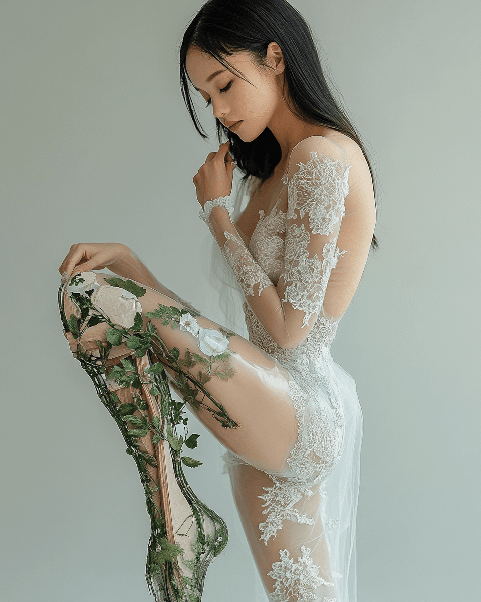 AI generated: A full body photo of an attractive woman wearing white lace stockings and tulle dress, she is puttin...