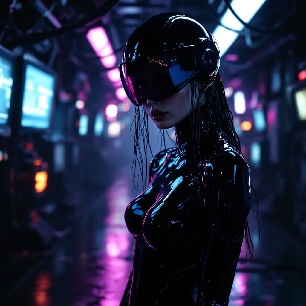 AI generated: Cinematic cyberpunk portrait of a mysterious female figure in a glossy black latex bodysuit with tra...