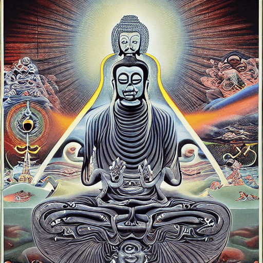 AI generated: occult diagramm, buddha on LSD-trip to heaven. in cosmos. speeding to moon. surrealistic. dali style...
